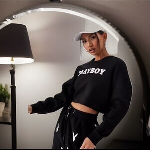 PLAYBOY Black Long Sleeve Crop Hooded W/ PLAYBOY On Front Sweatshirt